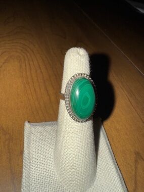 Solid Sterling Silver 925 Malachite Oval Statement Ring